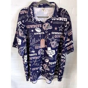 Dallas Cowboys All Over Print Button Up Shirt Men's XXL Navy Blue Aloha Style‎